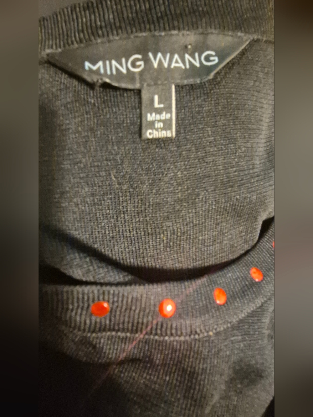 Ming Wang Black Sleeveless Knit Top Red Stud Neckline Size L Classic Career - Picture 4 of 5